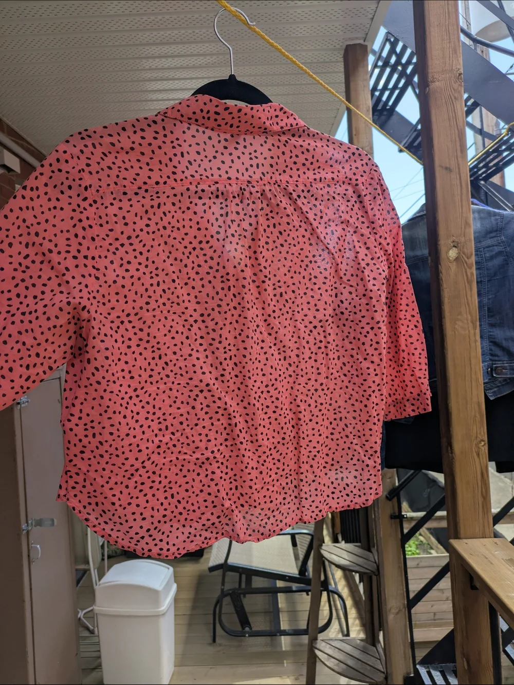 Women’s Coral Pink Button-Down Blouse with Black Dot Print - Picture 2 of 8